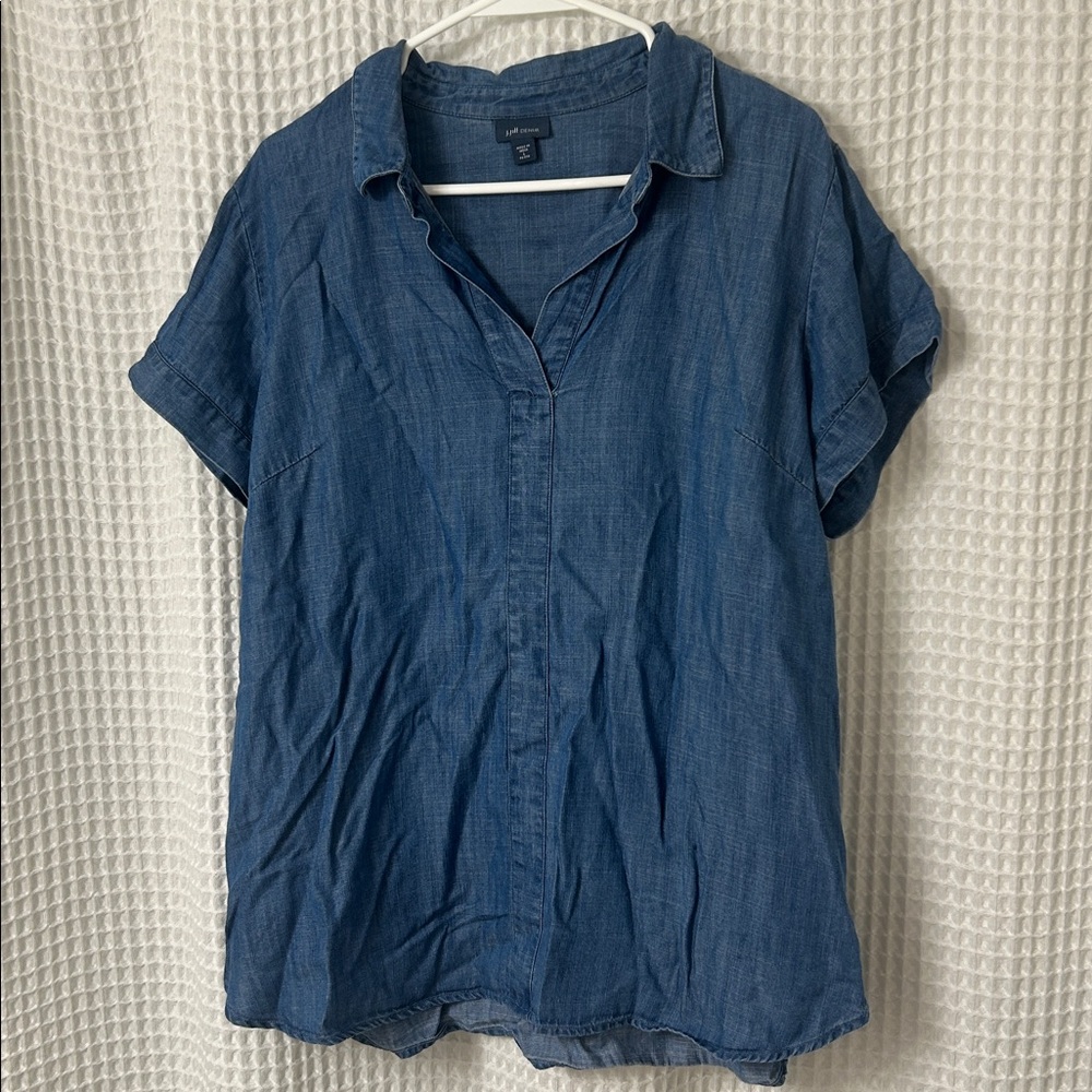 J. Jill Denim Women's Blue Chambray Short Sleeve V-Neck Collared Blouse L Petite